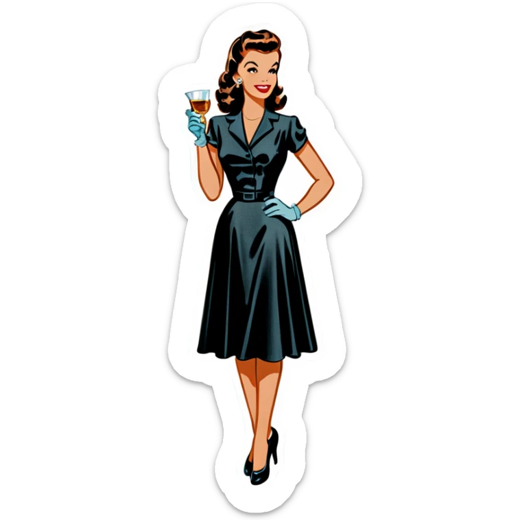 Beautiful woman in 1950’s woman fashion look, black shimmery dress, long dark brown hair, whisky with ice sticker