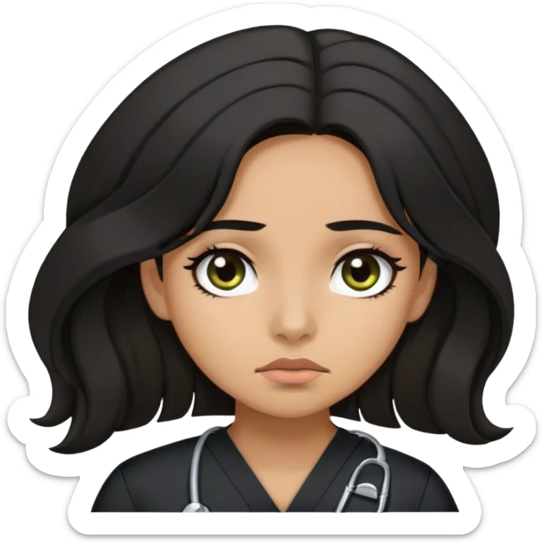 Latina girl with dark long hair in a claw clip and dark eyes and olive skin wearing black scubs and tired sticker