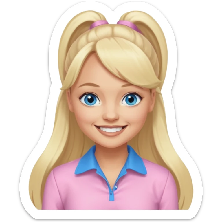 Emma Bunton with long blonde ponytail hair, blue eyes, light pink outfit sticker