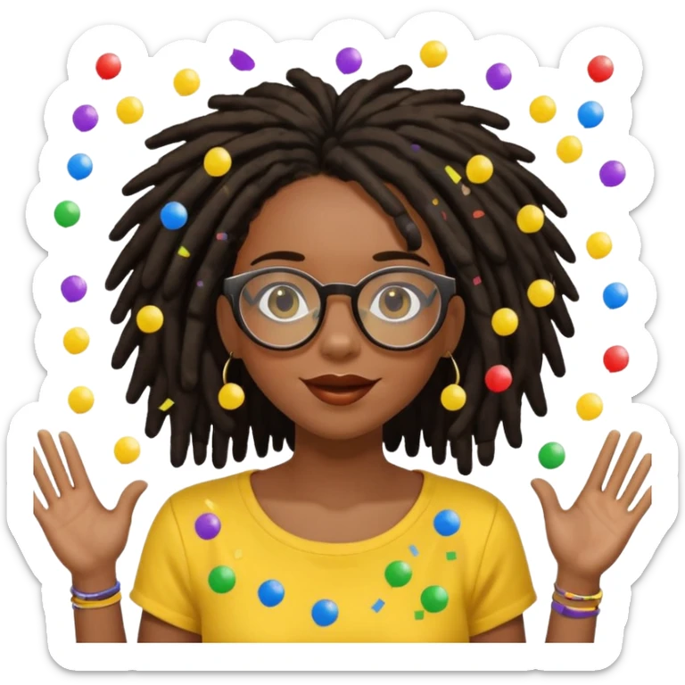 Black female with dark dreadlock hair wearing large round glasses and a yellow top celebrating with confetti sticker