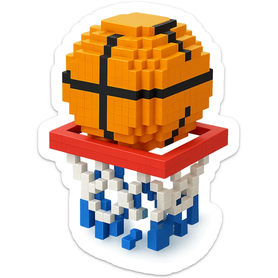 A voxel-style basketball in a net, simple and clear sticker
