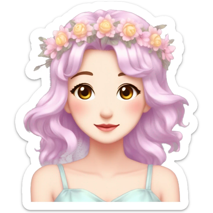 Shiny Gorgeous Pastel Anime Mature Lady with blushing face and pretty hair with a flower crown pastelcore kawaii cottagecore fairycore aesthetic trending style sticker