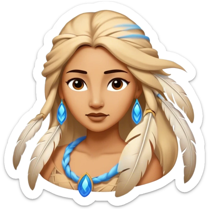 Cinematic Elegant Pocahontas Portrait Emoji, Standing serenely with a blue wind swirl around her, soft feathers in her hair, a tranquil yet powerful gaze, beauty beyond time, an ethereal aura of connection with nature, regal and enchanting! sticker