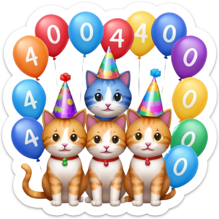 six cats at a 40th birthday party, festive decorations, balloons with '40', emoji style sticker