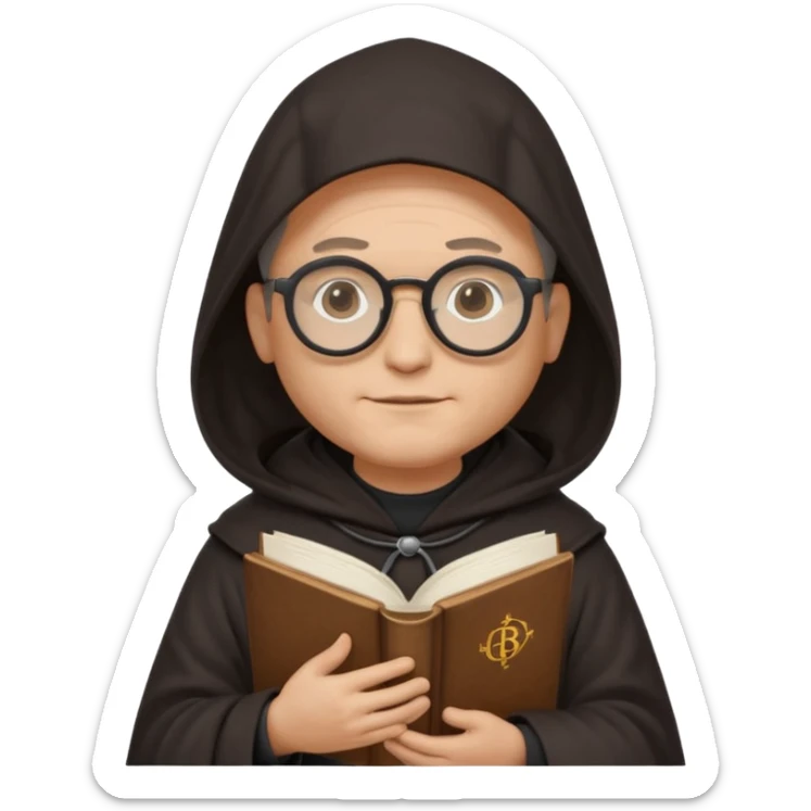 Monk priest prayer black habit with hood round black glasses done light brown wavy hair under hood remove the medallion smaller more round glassed age 46 no necklace more oval face hand holding book that says RB 480 sticker