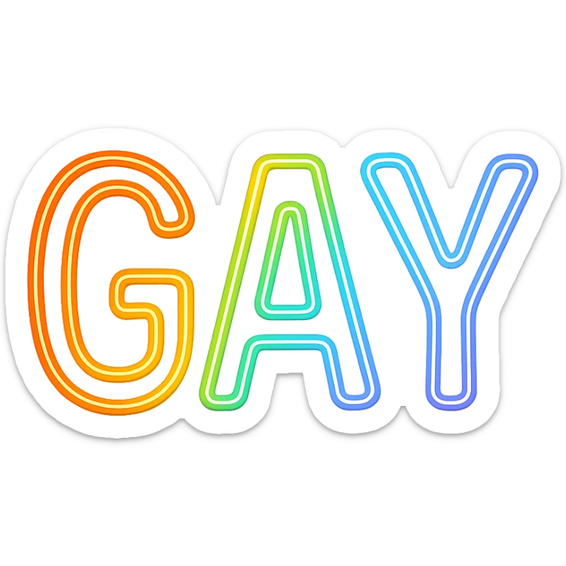 the word GAY in a neon sign style with rainbow glow sticker