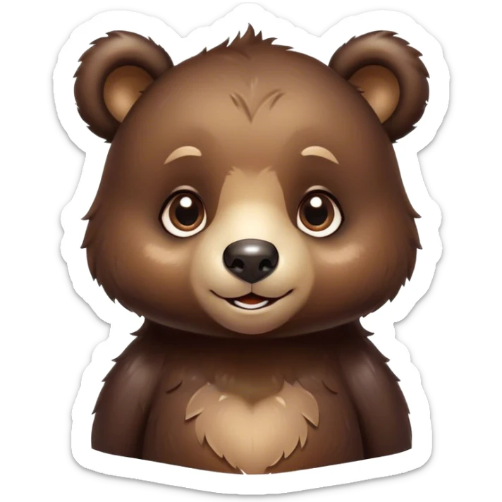 Cinematic Cute bear cub Portrait Emoji, Head tilted playfully and inquisitively, featuring a glossy dark brown fur with a natural sheen and round, sparkling eyes filled with gentle curiosity, Simplified yet irresistibly adorable features, highly detailed, glowing with a warm, friendly glow, high shine, affectionate and mighty, stylized with a touch of woodland whimsy, bright and endearing, soft glowing outline, capturing the essence of a mischievous yet loving bear cub, so playful it feels like it could amble out of the screen and into your arms! sticker
