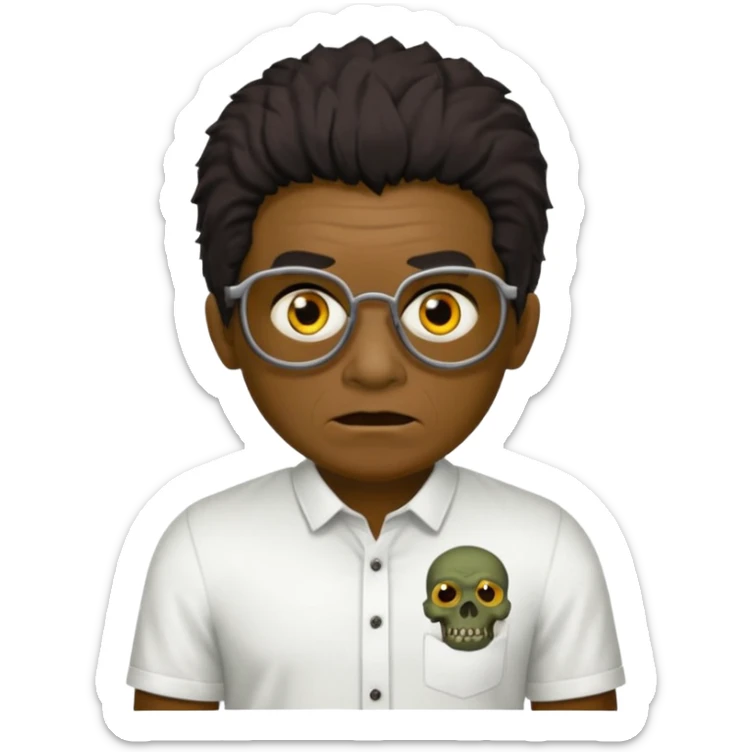Um garoto zombie de cabelo castanho escuro, quase preto, com um cabelo médio, com olhos castanhos esverdeados, de camisa branca, com óculos redondo sticker