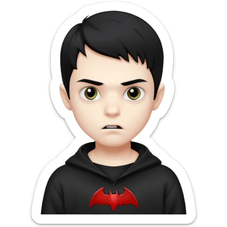 Vampire boy with the black hair, pale-white skin, black eyes, little fangs and dark circles under his eyes. He has serious face and he wear a black oversize sweatshot sticker