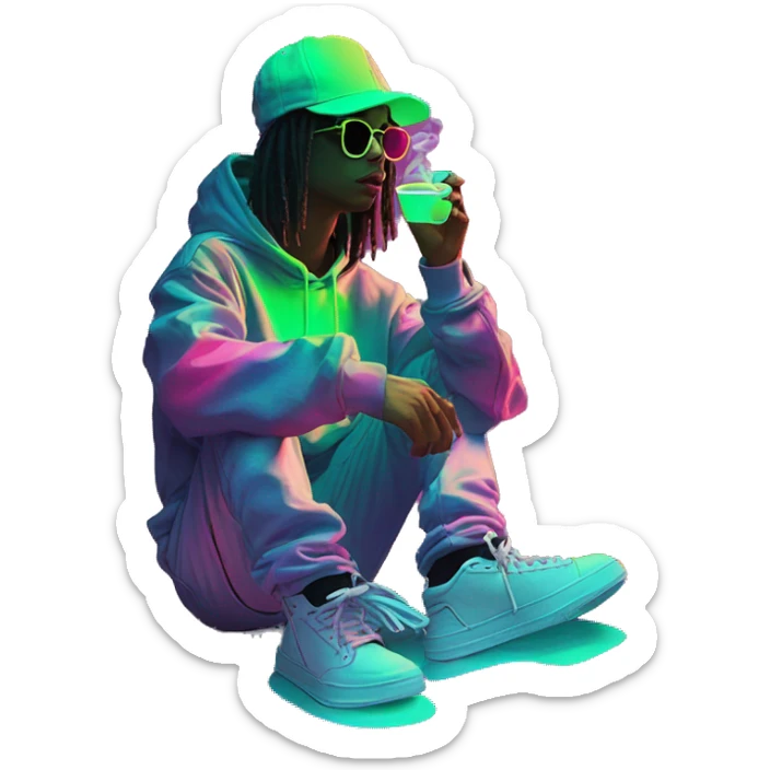 Multicoloured neon person smoking wearing hoodie dancing hip hop bucket hat tropical Skater fashion aesthetic baggy clothes graphic t shirt 420 sticker
