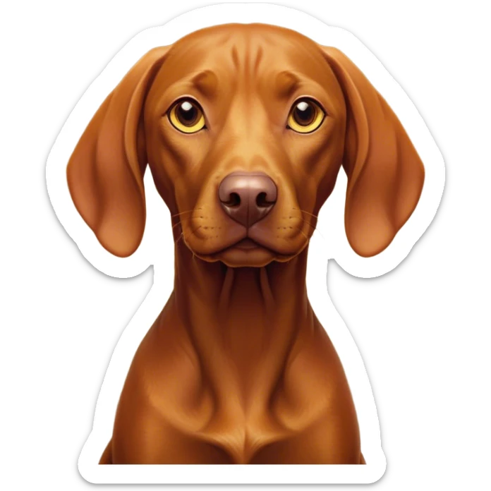 Cinematic Noble Vizsla Portrait Emoji, Poised and regal, with a sleek, athletic build and a short, smooth Fur of rust and gold, deep-set soulful amber eyes, Simplified yet sharp and sophisticated features, highly detailed, glowing with a soft, dignified glow, high shine, intelligent and agile, stylized with an air of determination, focused and attentive, soft glowing outline, capturing the essence of a watchful and confident companion, so majestic it feels as though it could sprint out of the screen with effortless authority! sticker