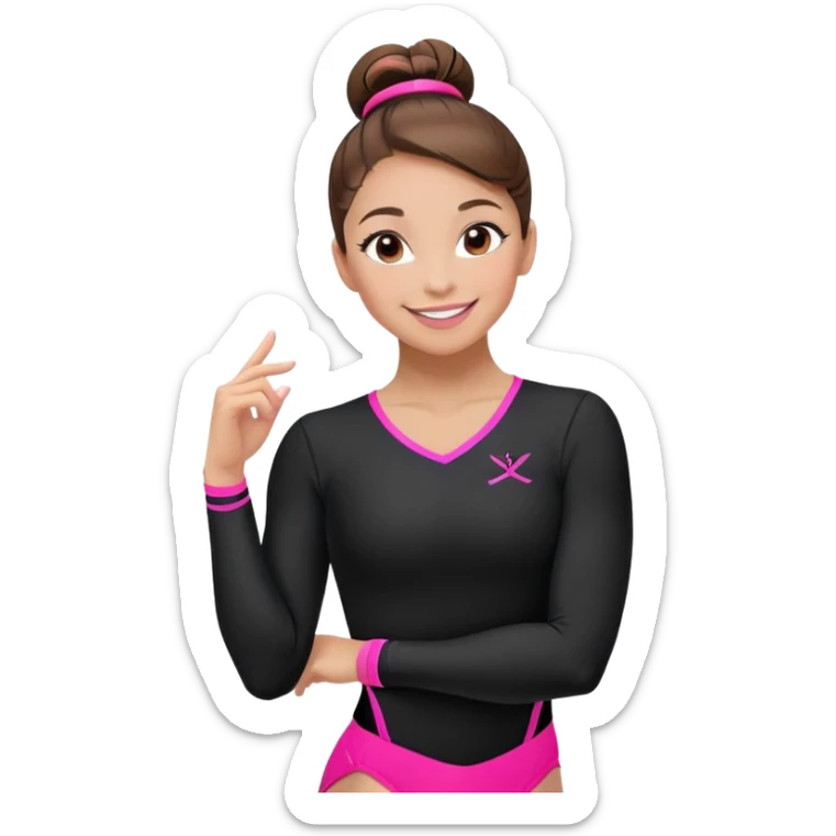 Happy female gymnast with brown hair in a neat bun, wearing a black uniform with neon pink elements. sticker