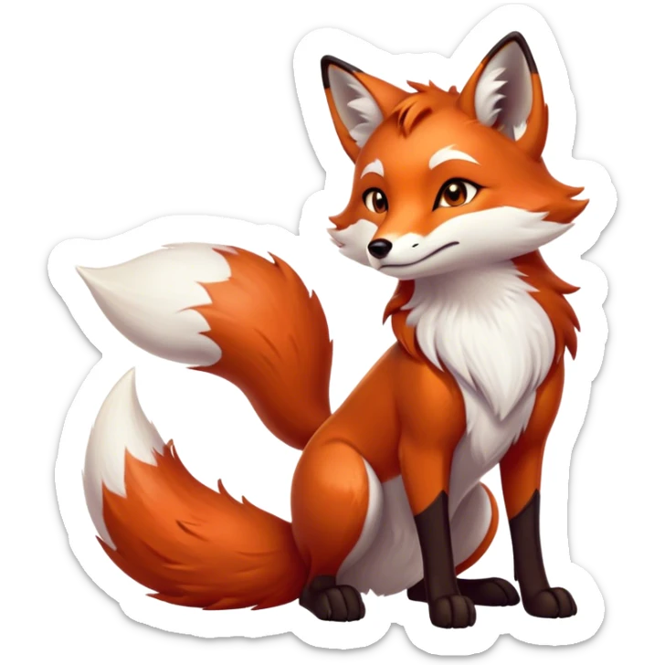 Cinematic Noble Fox Portrait Emoji, Poised and regal, with a lithe, agile build and a lush, fiery red Fur accented by white markings on the chest and tip of the tail, deep-set soulful amber eyes, Simplified yet sharp and sophisticated features, highly detailed, glowing with a warm, dignified glow, high shine, intelligent and cunning, stylized with an air of wild elegance, focused and attentive, soft glowing outline, capturing the essence of a watchful and confident forest wanderer, so majestic it feels as though it could dash out of the screen with effortless authority! sticker