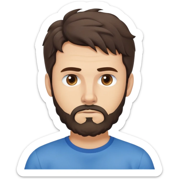 Caucasian Argentine man with wavy dark brown hair, longer loose hairstyle with wavy bangs, short full beard, serious-neutral expression, basic blue t-shirt sticker