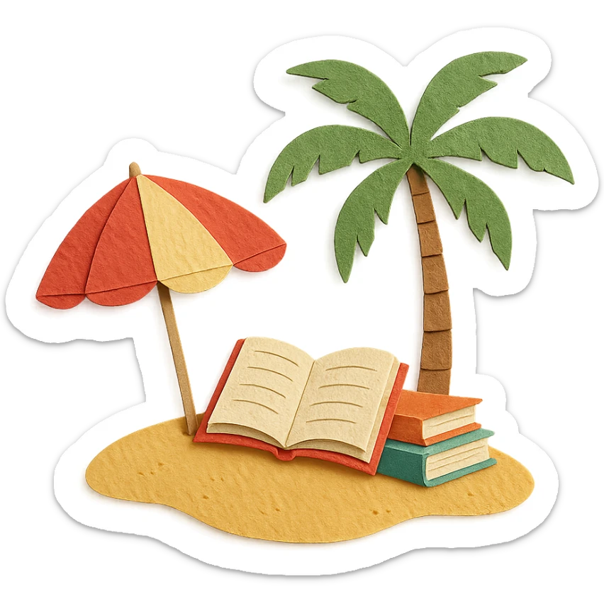 cozy beach reading nook with books, umbrella, and palm tree, layered paper effect, paper-craft style sticker