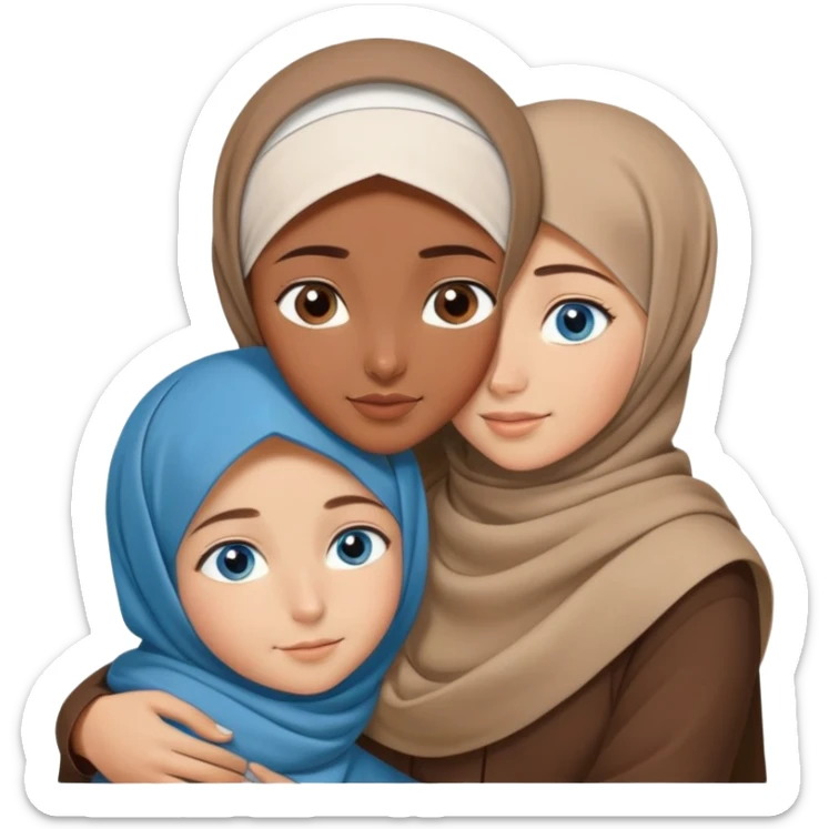Turkish beautiful finish Konya girl blue eyes with brown beige hijab islamic dress and hugs with big boy brother  sticker