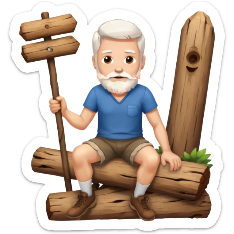 A white haired man with a beard sitting on a piece of wood wearing shorts sticker