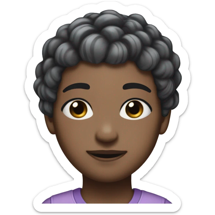 short hair, dyed black at the roots that fade down to a pinkish/purple color at the ends. Their eyes are a silvery light blue. They have a headband with two small black horns, and wear several silver hairclips in their hair. sticker