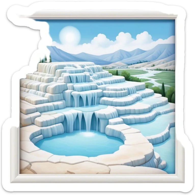 Cinematic Realistic Pamukkale Landmark Emoji, showcasing surreal cascading terraces of thermal waters rendered with ethereal textures and soft, luminous lighting. sticker