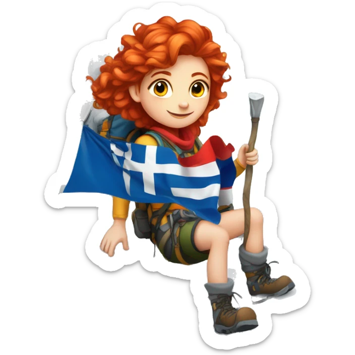 Female winter mountain climber red hair white skin climbing with Greek and EU flags and Easter eggs basket sticker