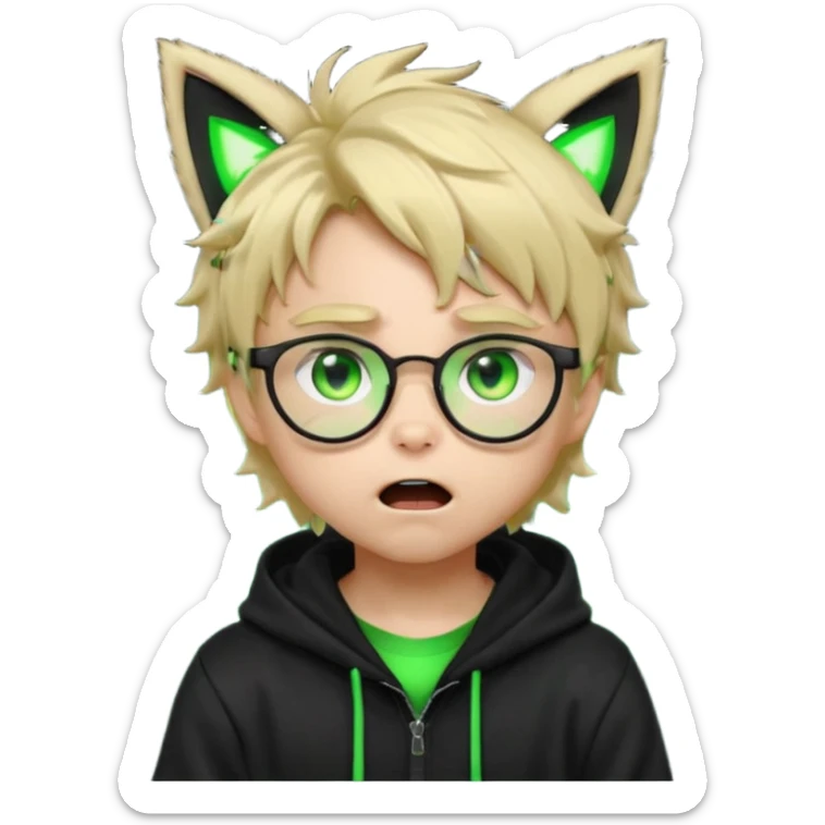 Cute chibi hacker boy emoji, blond messy hair, black glasses, black hoodie with neon green cat ears, wide glowing green eyes, shocked expression, open mouth, dramatic neon lighting, kawaii emoji style sticker