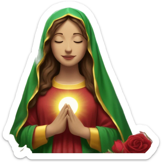 Virgin Mary: kind face looking down at the left, long brown hair, Wearing an emerald green  robe with gold stars and a burgundy red dress,  Hands in prayer or blessing. Halo around her head. standing in front of a big sun. colorful roses on the sides  sticker
