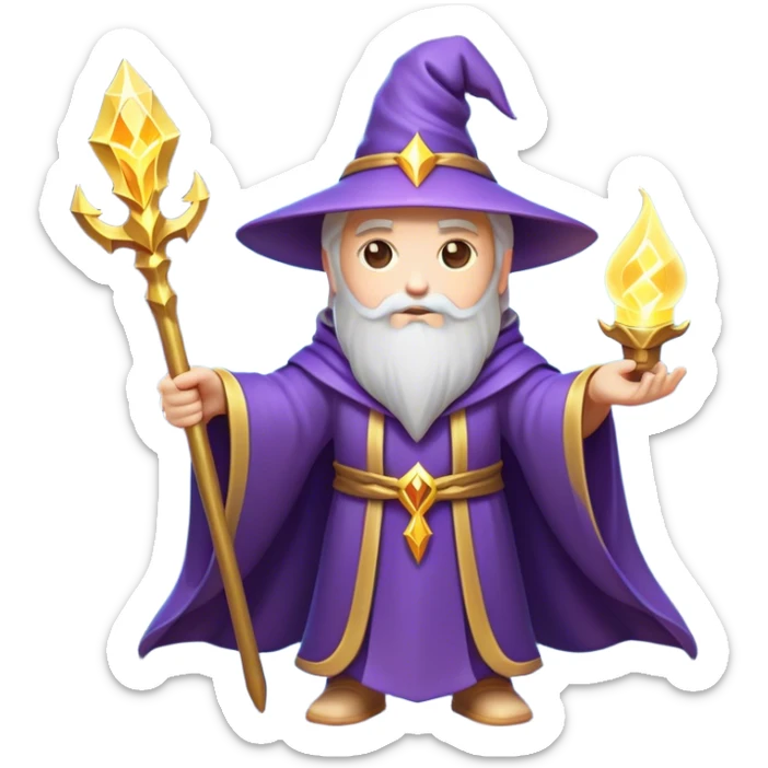 Clash of Clans aesthetic: Cinematic heroic powerful Wizard Hero Emoji, rendered in a 3D vector-style similar to standard emojis with minimal shading and bold, simplified shapes. A compact, isometric figure draped in flowing enchanted robes and wielding a mystical staff, softly glowing with an arcane magical charm. Simplified yet unmistakably iconic, highly detailed and consistent, glowing with a soft radiant glow and high shine. Stylized with a touch of whimsical sorcery and a soft glowing outline, capturing the essence of a powerful wizard ready to cast spells with a friendly, playful spirit! sticker