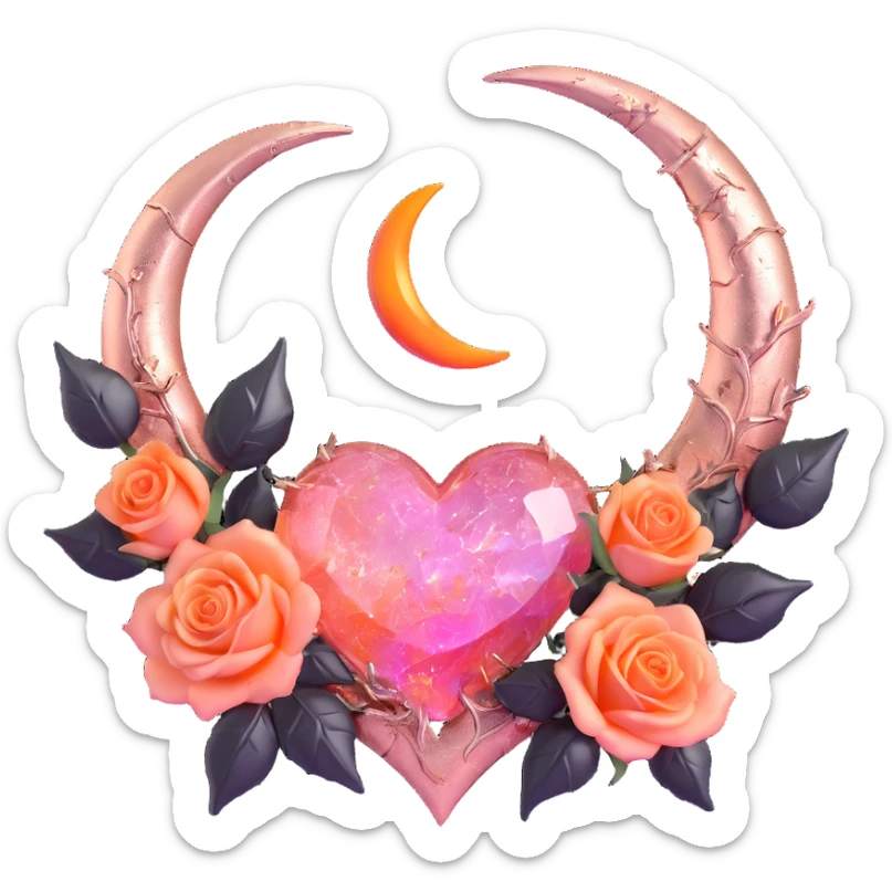 gothic heart made of rose gold glass, silver crescent moon, blush pink roses, holographic stardust, neon orange lightning, wet and cracked glass sticker