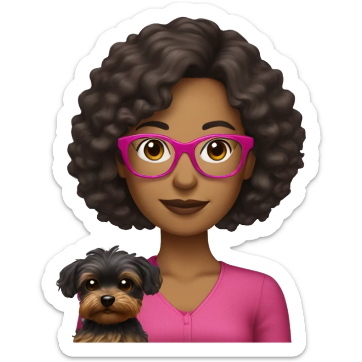 40 years old woman with dark brown long hair ,slidly curly wearing glasses with a dark pink frames  holding a yorkie dog sticker