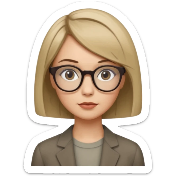 woman dark blonde petite bob haircut wears dark squarish glasses, classic clothes sticker