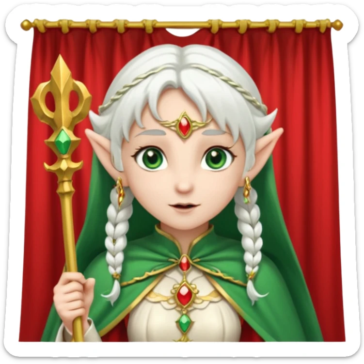 an elf with very white hair and two long pigtails on the side of her head, she has a curtain bang, green eyes, she has a white cape with golden borders and a scepter with a red orb, she has earrings that look like red drops sticker