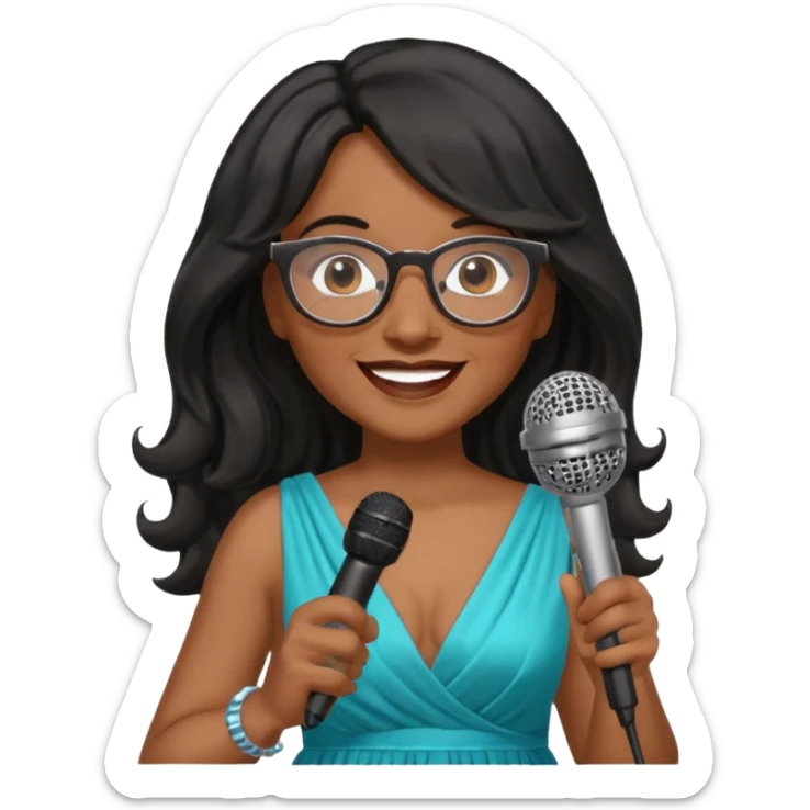 singer, Middle age, long wavy black hair, brown skin, wearing dress, holding mic, glasses sticker
