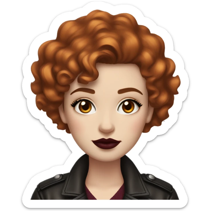 Girl with very pale skin, dark orange curly short hair with a side part, heavy cat-eye makeup, long eyelashes, dark maroon blush and lipstick.  Her eyebrows are dark, arched and very high.  Hazel eyes. Big lips. Thin. Wearing a leather jacket  sticker