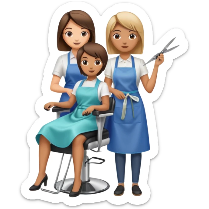 woman getting a haircut from a female hairstylist, client sitting in chair with apron, hairstylist standing behind holding scissors sticker