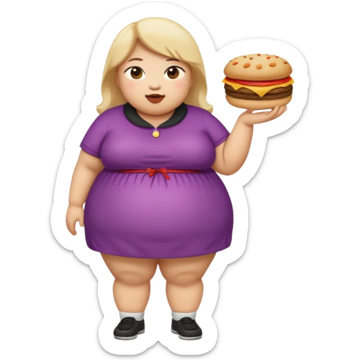 n create a humongous asian girl with 2 burgers and a cookie in her mouth, she is super obese, please make her a full body emoji sticker