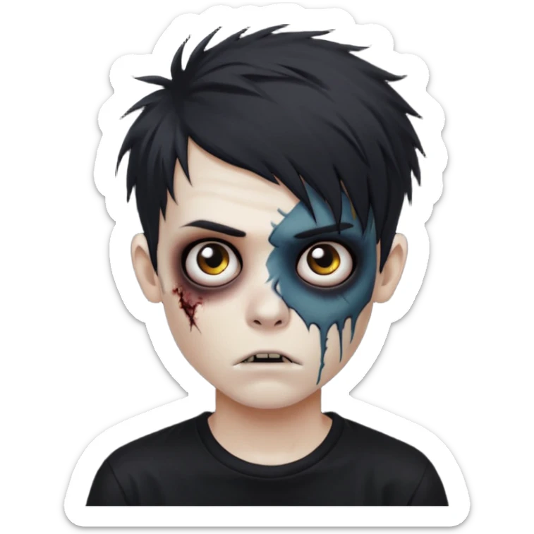 Zombie Boy with black emo messy hair and teenager aparience, black background sticker