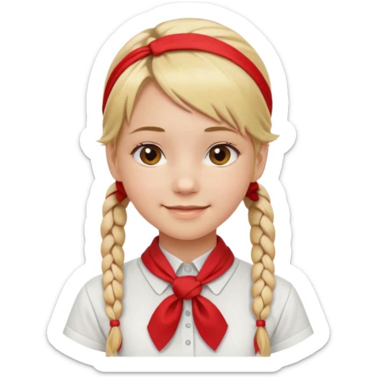 A Soviet pioneer girl emoji — smiling young girl with blonde hair tied into two short braids. She wears a white school shirt and a wide bright red pioneer neckerchief tied in a loose triangular knot at the chest (not a necktie). No suspenders, no jacket, no hat. Без красных повязок на голове sticker
