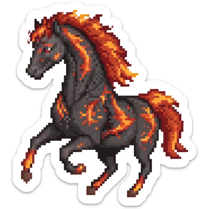 Red fast fire horse made of embers, magma, visible lava, burning, with ash particles surrounding it. Horse galloping with a fiery mane and tail. sticker