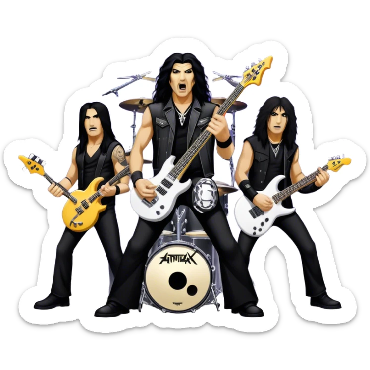 Icon for Heavy Metal: Anthrax live concert with Charlie Benante on drums, Joey Belladonna on vocals, Frank Bello on bass, Jonathan Donais and Scott Ian on guitars. The intense energy of the band is captured with instruments and stage lighting. Transparent background. sticker