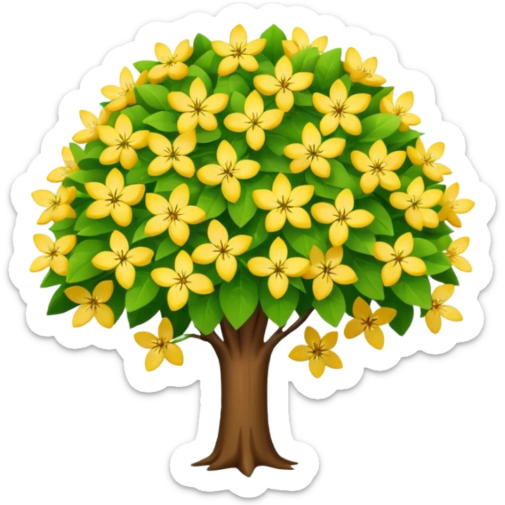 Vibranium shrub  in emoji format. I bunch of yellow whitish flowers with green leaves behind. Minimalistic. Make the shrub look more like cherry tree petals sticker