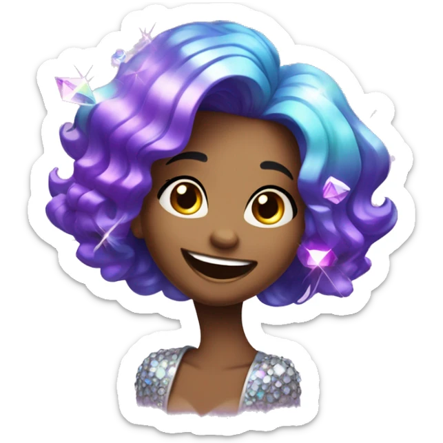 one girl with purple diamond hair made from purple crystals or diamonds or jewels, she is feeling happy and elated and excited, make her hair shiny with prisms and angles and edges sticker