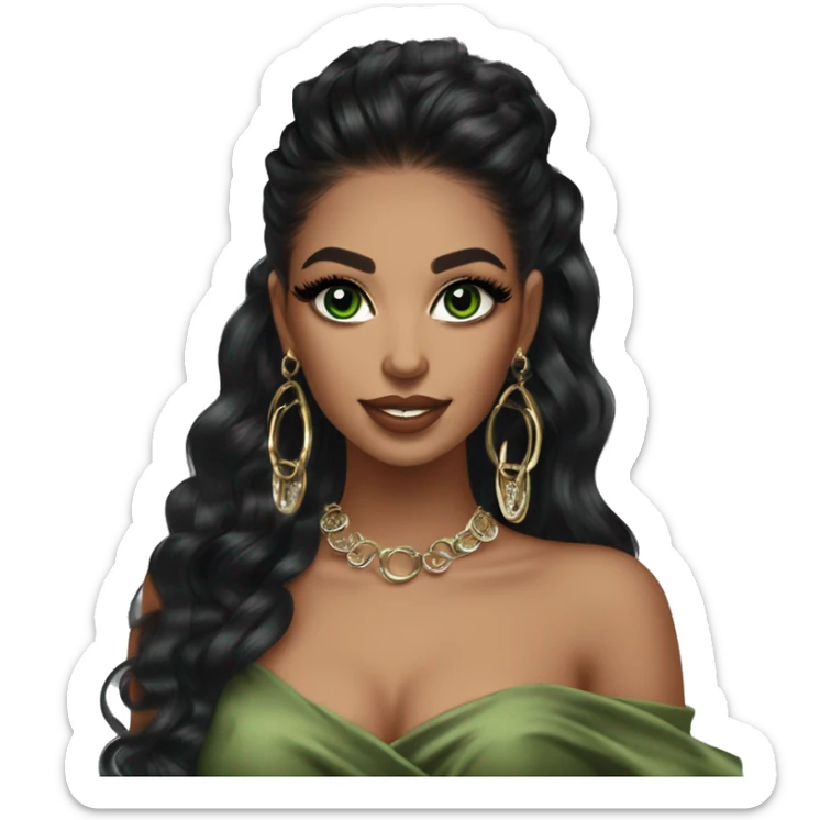 Glamorous, streetwear or cocktail dress, black balayage hair, half up half down hair, olive skin, green almond eyes, winged eyeliner with big lashes, wearing hooped earrings, rings and bracelets  sticker