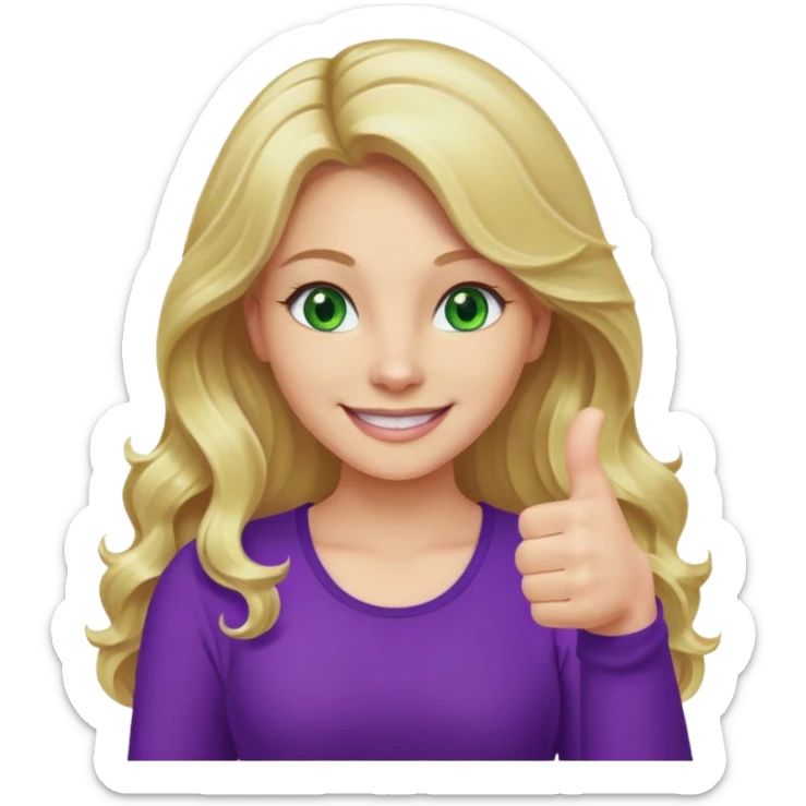 lady with long wavy blonde hair, purple top, green eyes, one thumb up sticker