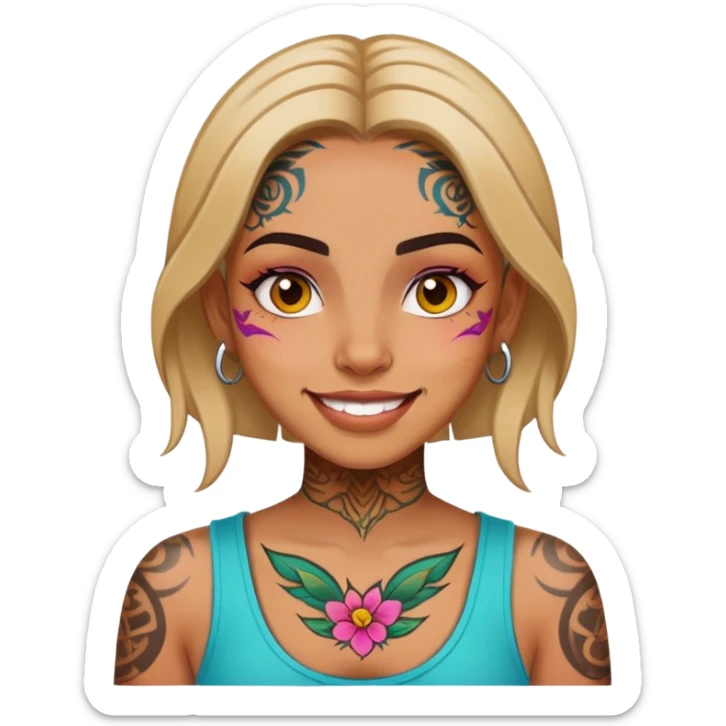 girl with bold face tattoos, happy face, wearing a colorful shirt sticker