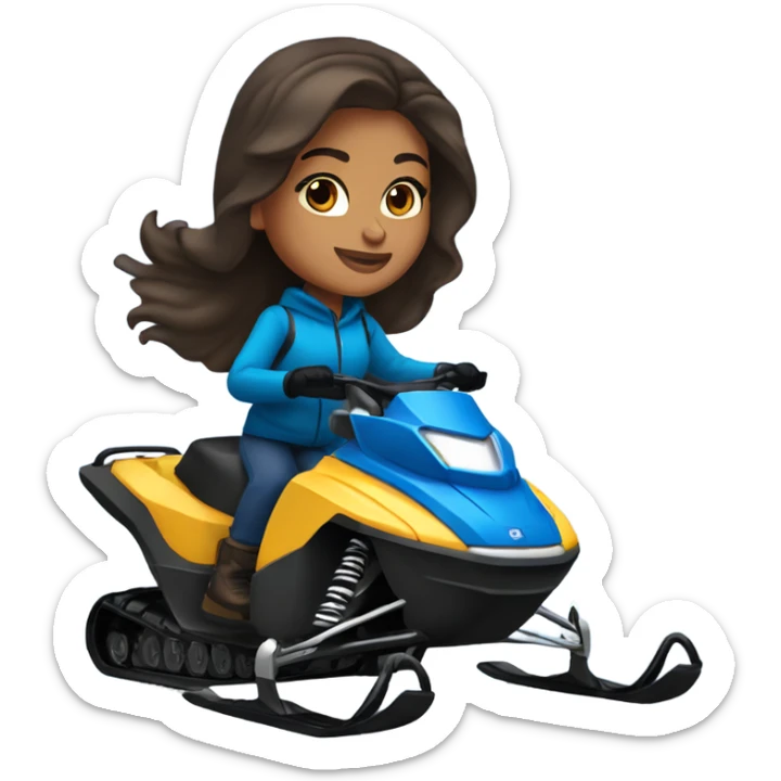 Olive skin toned girl with dark brown hair and blue eyes riding a snow mobile sticker