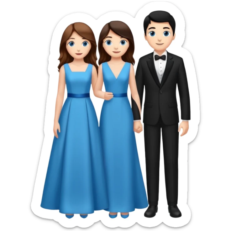 full-length happy couple, girl with long chestnut hair and blue eyes in formal gown, boy with black hair in suit sticker