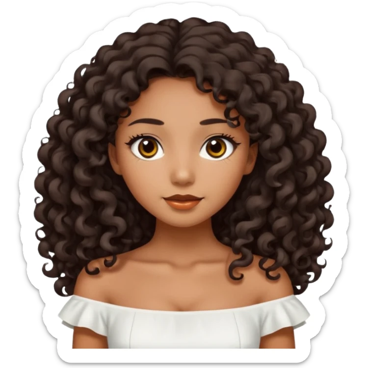 Dark tanned skin girl with very dark brown very big long curly hair, very dark Asian eyes, white dress at boatneck neckline   sticker