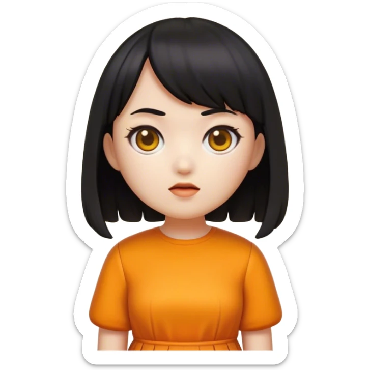 A detailed emoji-style illustration of the Squid Game doll, designed in the aesthetic of iPhone emojis. The doll has a round face, short black hair with bangs, and wears an orange dress with a yellow shirt underneath. Her expression is neutral but slightly eerie. The style is clean, simple, and polished, resembling Apple’s emoji set with smooth gradients and minimal shading. The background is plain or slightly blurred to keep the focus on the character.” sticker