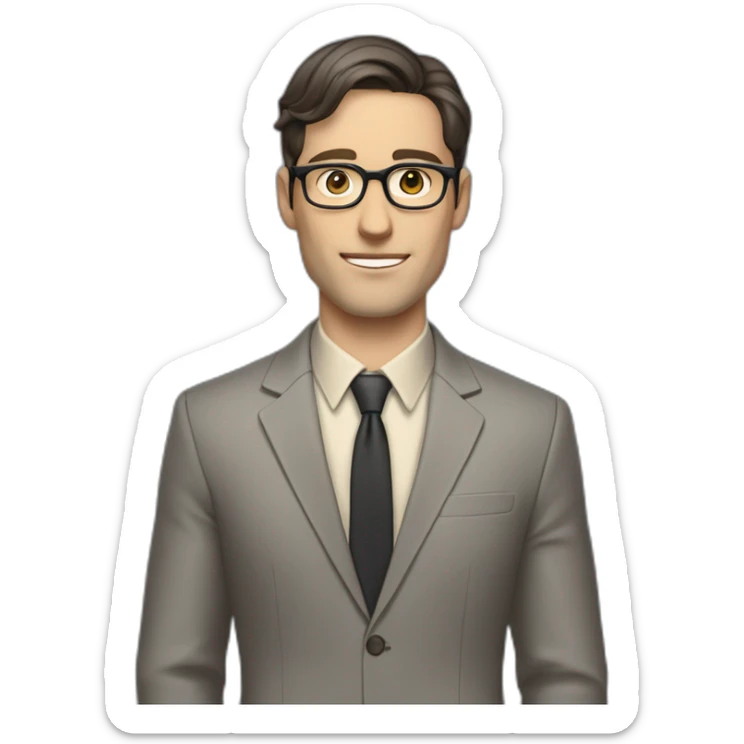 Full height Pale skinned Fit Man With dark brown hair in classic gray suit, beige office shirt, dark gray tie, and vintage glasses. Thrumbs of his palms directed up sticker