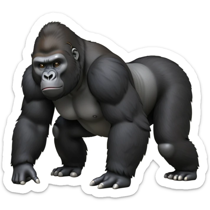 cinematic-friendly gorilla-realistic-full-body-crouched on all fours-emoji,-broad-and-powerful-frame-poised-with-confidence,-massive-arms-hanging-slightly-forward,-head-tilted-thoughtfully,-thick-black-fur,-deep-dark-eyes-full-of-intelligence,-simplified-yet-realistic sticker